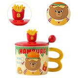 Maxbell Cute Bear Coffee Mug with Lid and Spoon Teacup for Office Dorm Birthday Gift Burger