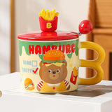 Maxbell Cute Bear Coffee Mug with Lid and Spoon Teacup for Office Dorm Birthday Gift Burger
