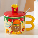 Maxbell Cute Bear Coffee Mug with Lid and Spoon Teacup for Office Dorm Birthday Gift Burger