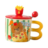 Maxbell Cute Bear Coffee Mug with Lid and Spoon Teacup for Office Dorm Birthday Gift Pizza