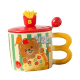Maxbell Cute Bear Coffee Mug with Lid and Spoon Teacup for Office Dorm Birthday Gift Pizza