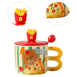 Maxbell Cute Bear Coffee Mug with Lid and Spoon Teacup for Office Dorm Birthday Gift Pizza