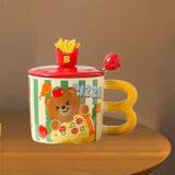 Maxbell Cute Bear Coffee Mug with Lid and Spoon Teacup for Office Dorm Birthday Gift Pizza