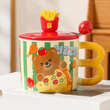 Maxbell Cute Bear Coffee Mug with Lid and Spoon Teacup for Office Dorm Birthday Gift Pizza