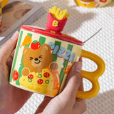 Maxbell Cute Bear Coffee Mug with Lid and Spoon Teacup for Office Dorm Birthday Gift Pizza