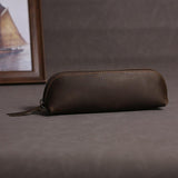 Maxbell Leather Pencil Case with Zipper Pen Holder for Office Men and Women Supplies Brown