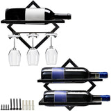 Maxbell Wall Mount Bottle Rack Metal Bottle Holder Stand for Apartment Household Bar Black with Cup Rack