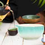 Maxbell Matcha Bowl with Spout Handcrafted Home Making Tools Tea Bowl for Tea Lovers Cyan Blue