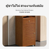 Maxbell Bamboo Tea Table Cabinet, Multi-Functional Tea Bar Cart with Drawer and Door, Rolling Small Tea Table for Living Room, Office & Balcony, Storage Side Cabinet for Tea Set & Water container Black