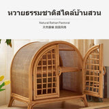Mini Rattan Storage Cabinet, 2-Door Arched Ins design, Doubletier, Geometric pattern, Vintage Farmhouse Organizer Shelf