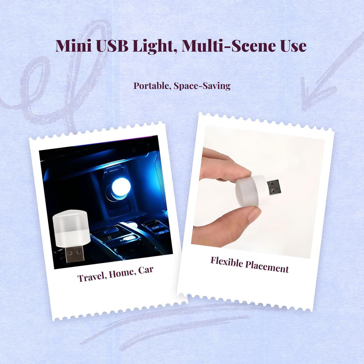 Car light-emitting diode ambient light, universal serial bus push-button control, cordless interior night light Ice Blue 1pc
