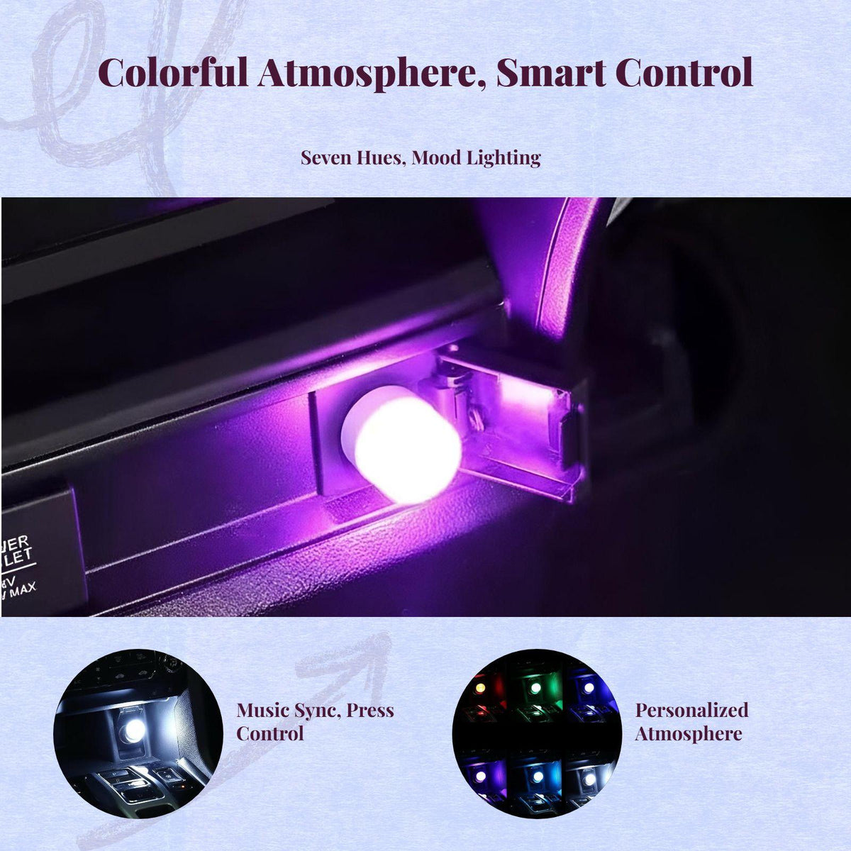 Car light-emitting diode ambient light, universal serial bus push-button control, cordless interior night light Blue 1pc