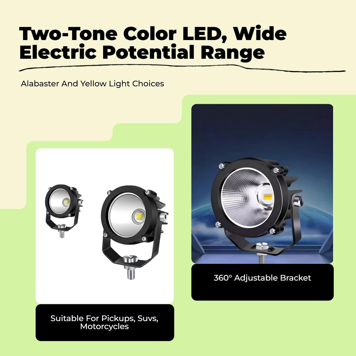 Light-emitting diode spotlight, mega-bright fog light, waterproof work light for awayterrain terrain Yellow 2pcs+Cigarette Cable