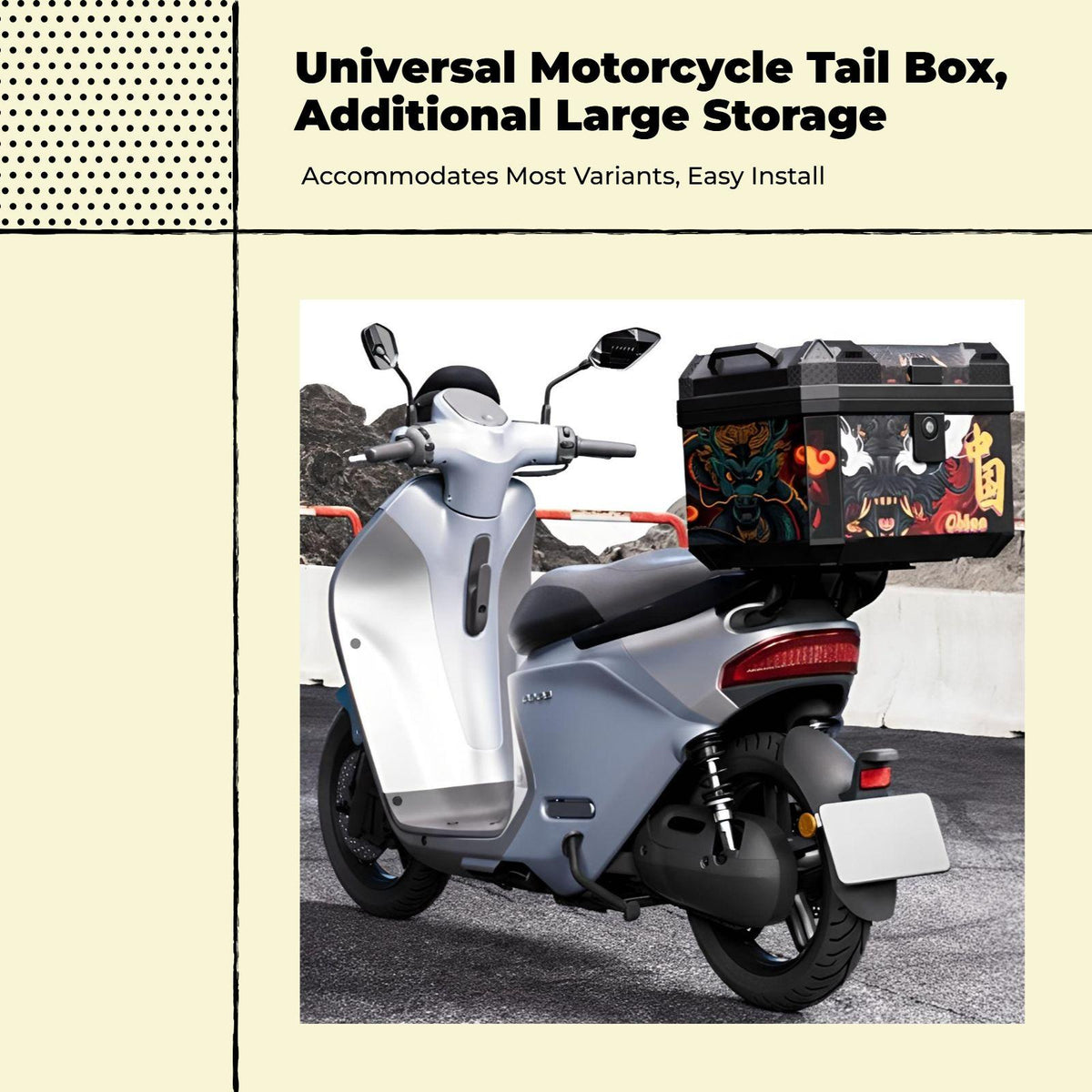 Motorcycle Top Case, Large Capacity Tail Box, Universal Electric Scooter Trunk, Waterproof, Lockable, Reflective Strips Black 57L