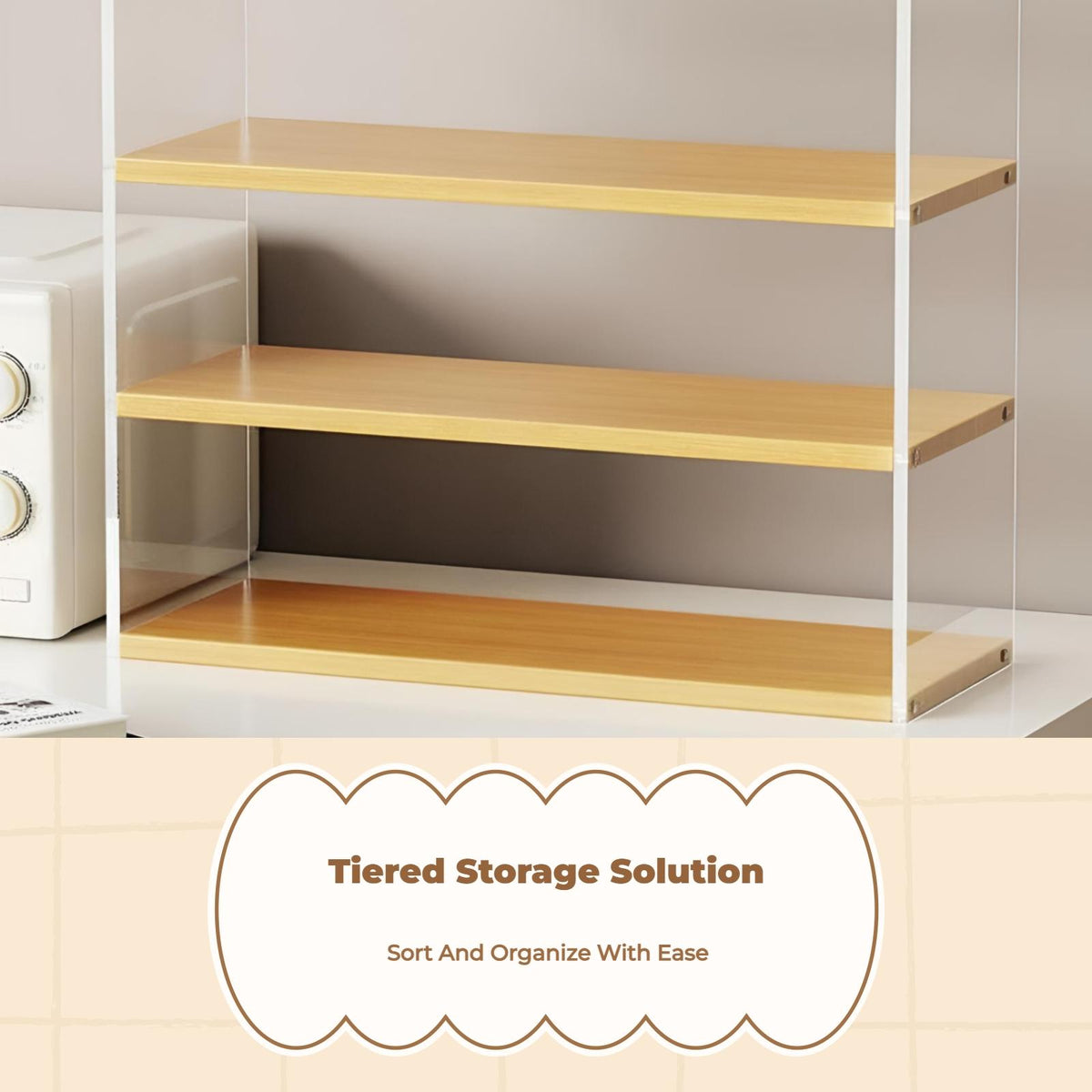 Multitier Desktop Organizer, Adjustable Storage Rack, Office, Living Room, cream Wood 3 Layers 50cm