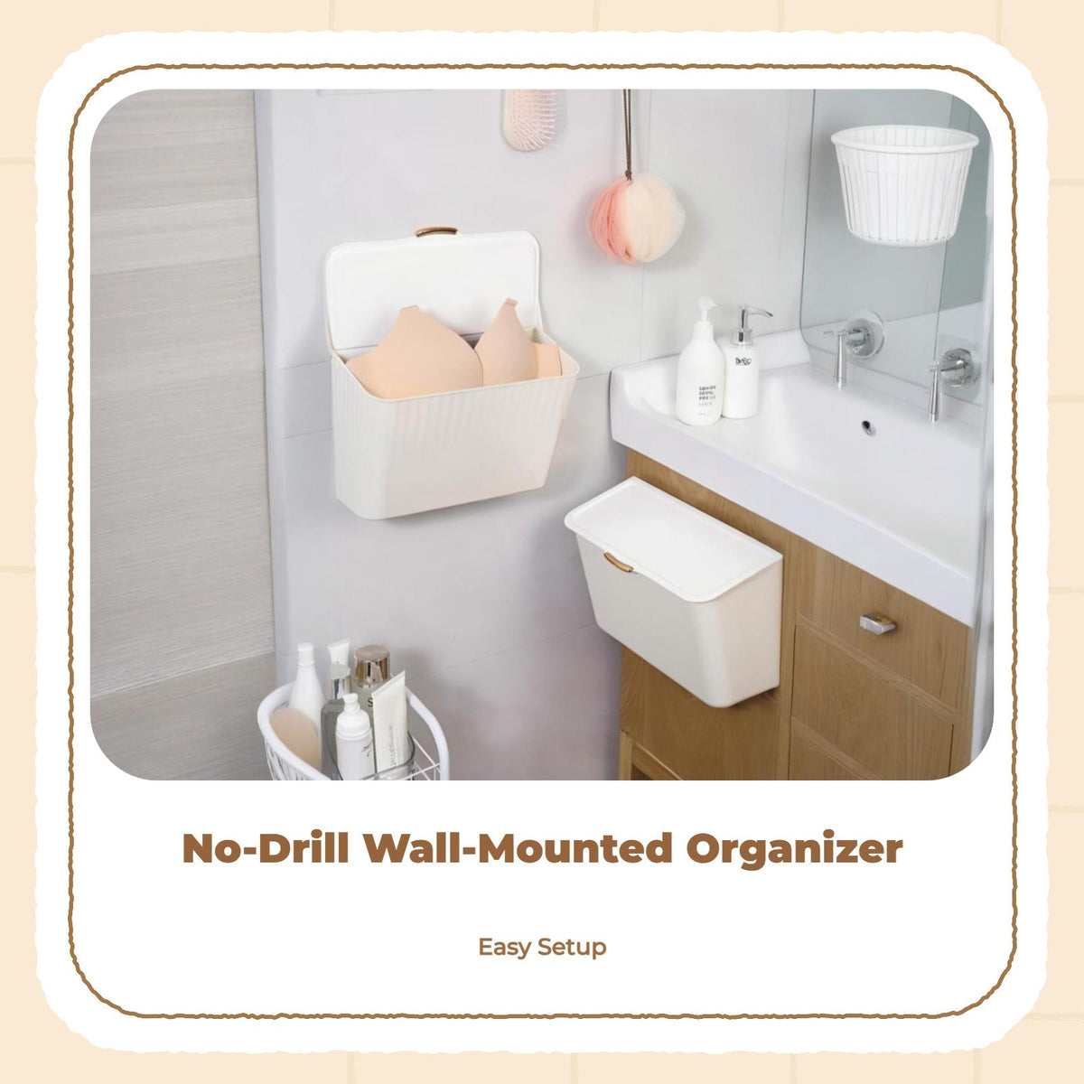 Bathroom Wall-Mounted Waterproof Storage Box, No Drill, Toilet Organizer Cream White 2 Pack