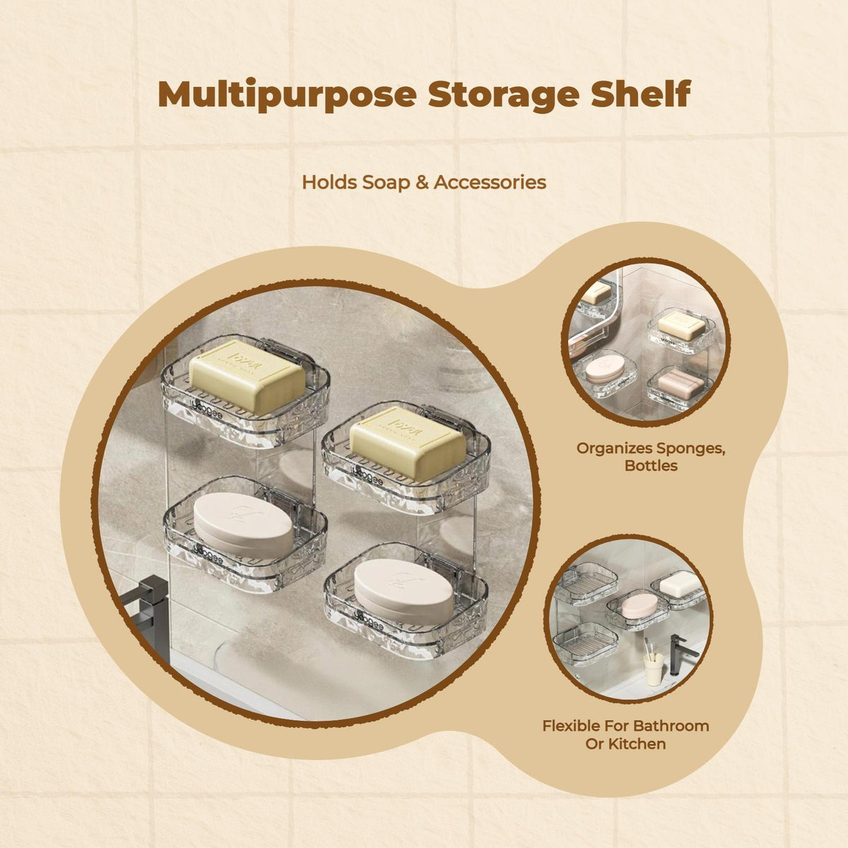 Soap Dish, No-Drill, Bathroom Storage Rack, Automatic Draining Transparent Gray Single Layer
