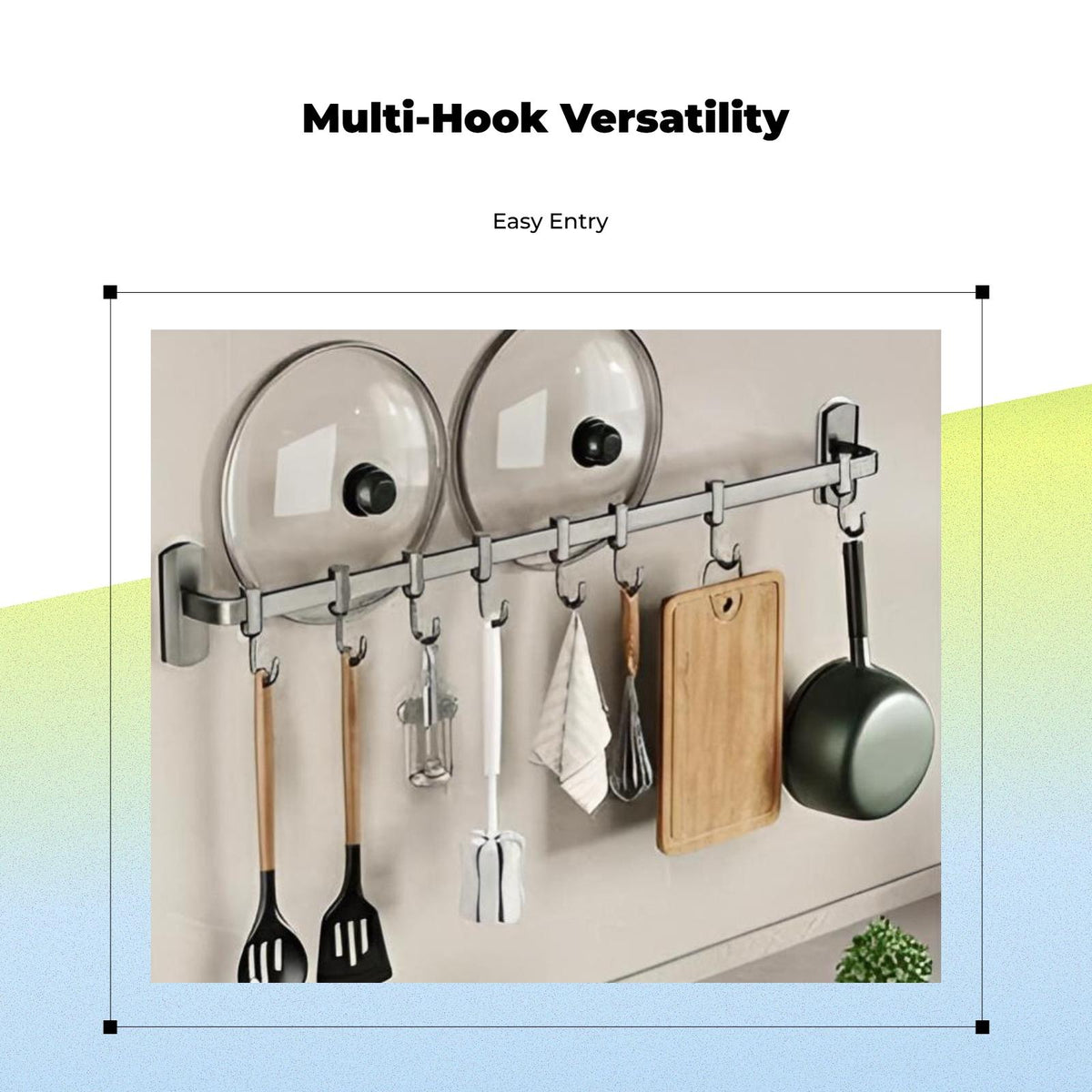 Kitchen Utensil Rack, Aluminum Hangers Organizer, No-Drill Storage Black 55cm 10Hook