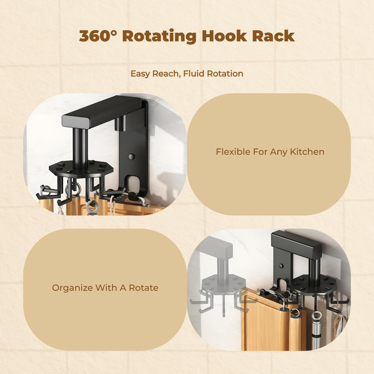 Rotating kitchen holders, peg utensil holder, space-saving storage rack Gunmetal GreyA 6 hooksA