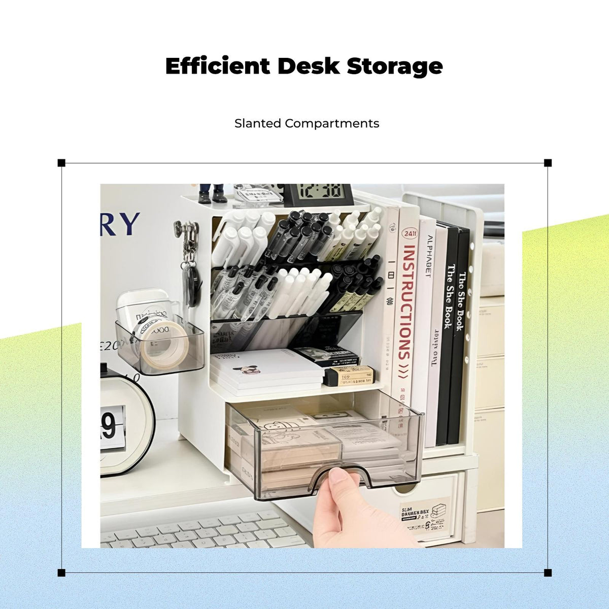 Desk Organizer, Slanted Pen Holder, Book Storage Rack, Multi-Functional, Office School Desktop