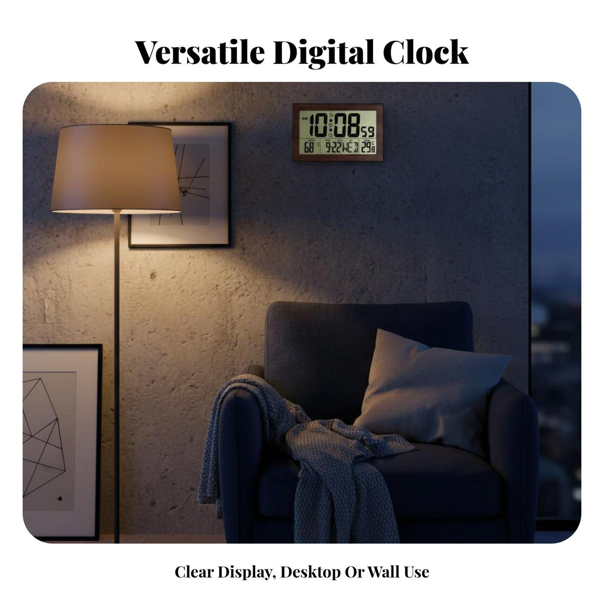 Temperature Humidity Clock Multi-Function Calendar Clock with Temperature Wood Grain Finish for Seniors, Visually Impaired, Living Room, Desk, Bedroom English Bamboo