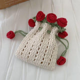 Maxbell Crochet Bag Materials Fashion Rose Drawstring Pouch for Travel Beach Holiday Phone Bag