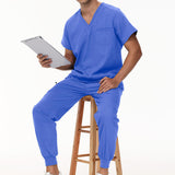Maxbell Uniform Scrub Set for Men Top and Pants V Neck Soft Workwear for Cosmetology Navy Blue Large