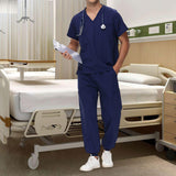 Maxbell Uniform Scrub Set for Men Top and Pants V Neck Soft Workwear for Cosmetology Navy Blue Large