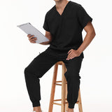Maxbell Uniform Scrub Set for Men Top and Pants V Neck Soft Workwear for Cosmetology Black M