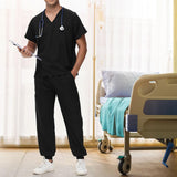 Maxbell Uniform Scrub Set for Men Top and Pants V Neck Soft Workwear for Cosmetology Black XXXXL