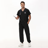 Maxbell Uniform Scrub Set for Men Top and Pants V Neck Soft Workwear for Cosmetology Black XXXXL