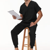 Maxbell Uniform Scrub Set for Men Top and Pants V Neck Soft Workwear for Cosmetology Black XXXXL