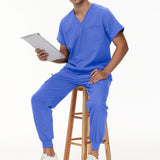 Maxbell Uniform Scrub Set for Men Top and Pants V Neck Soft Workwear for Cosmetology Light Blue S