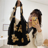 Women Lamb Like Fabric Shoulder Bag Canvas Casual Tote Large Bag Black