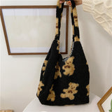 Women Lamb Like Fabric Shoulder Bag Canvas Casual Tote Large Bag Black