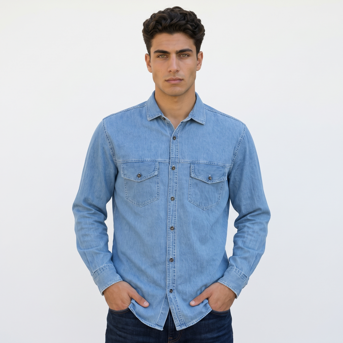 MAXBELL Men's Casual Blue Denim Shirt | Regular Fit | Double Pocket with Flap | Spread Collar
