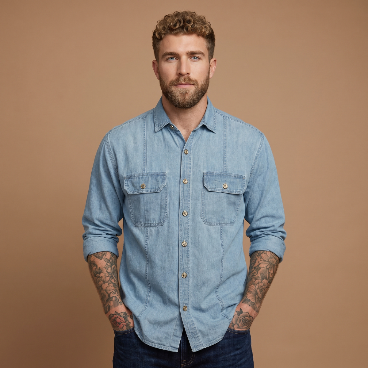 MAXBELL Men’s Casual Denim Shirt | Regular Fit | Double Flap Pockets | Stylish Front Dart | Spread Collar