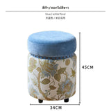 Maxbell Chenille Accent Ottoman, Retro Round Stool, compact wood Pouf for Living Room & Bedroom, Shoe Changing Stool, Makeup Vanity Seat, 34x45cm Upholstered Soft Ottoman with Rivet finish Blue White Floral