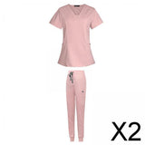 Maxbell 2xFemale Scrub Set Nurse v neckline Machine Washable Short Sleeves Suit L Pink