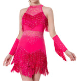 Maxbell Maxbell Women Dance Tassel Dress Dancewear for Music Festival Performance Show Samba Rose Red 3XL