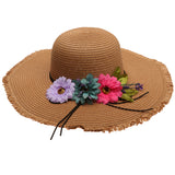 Fashion Women's Wide Brim Straw Hat Beach Sun Hat Flower Hat UPF50+ Khaki