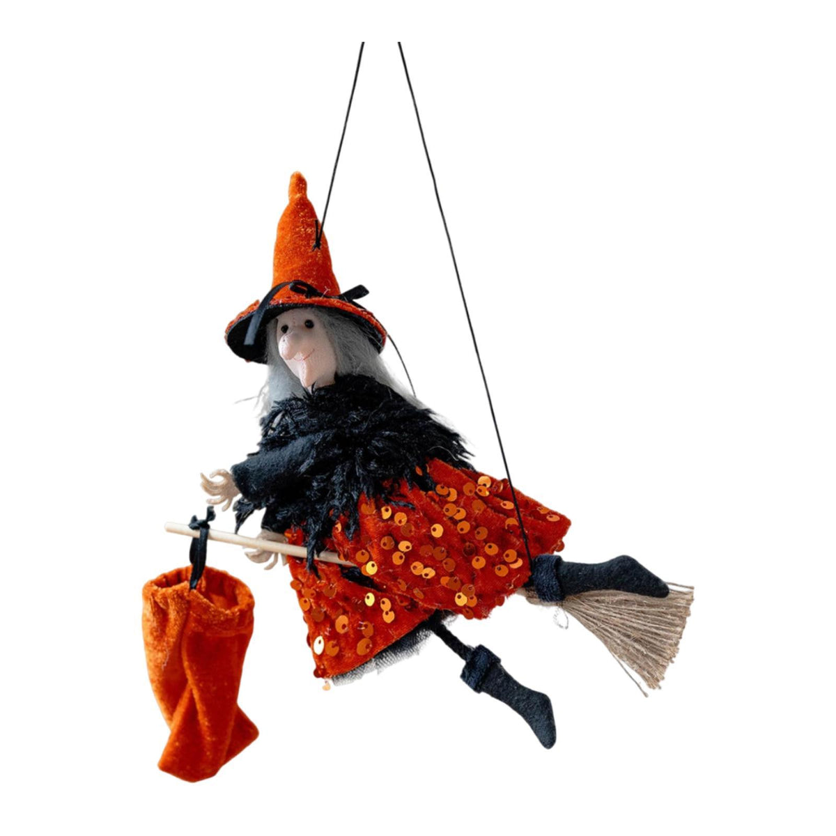 Maxbell Halloween Hanging Witch on Broom Tree Prop Party Bar Flying Witch Wall Decor Orange