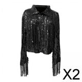 Maxbell 2xWomen's Sequin Jacket Shiny Lapel Coat for Cosplay Exhibition Beach Vacation black