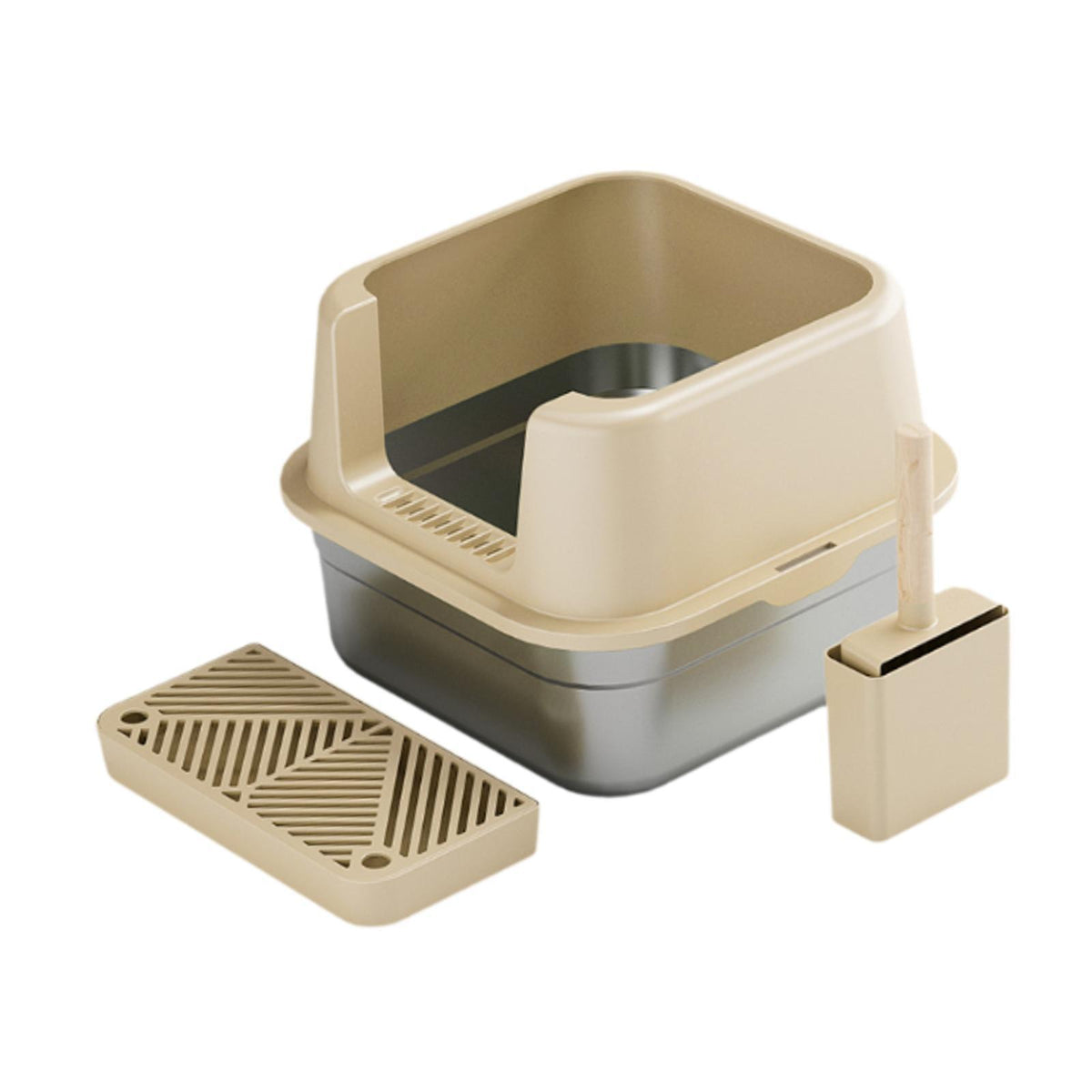Maxbell Cat Litter Box Stainless Steel Litter Container Bedpan Kitten Litter Pan Khaki