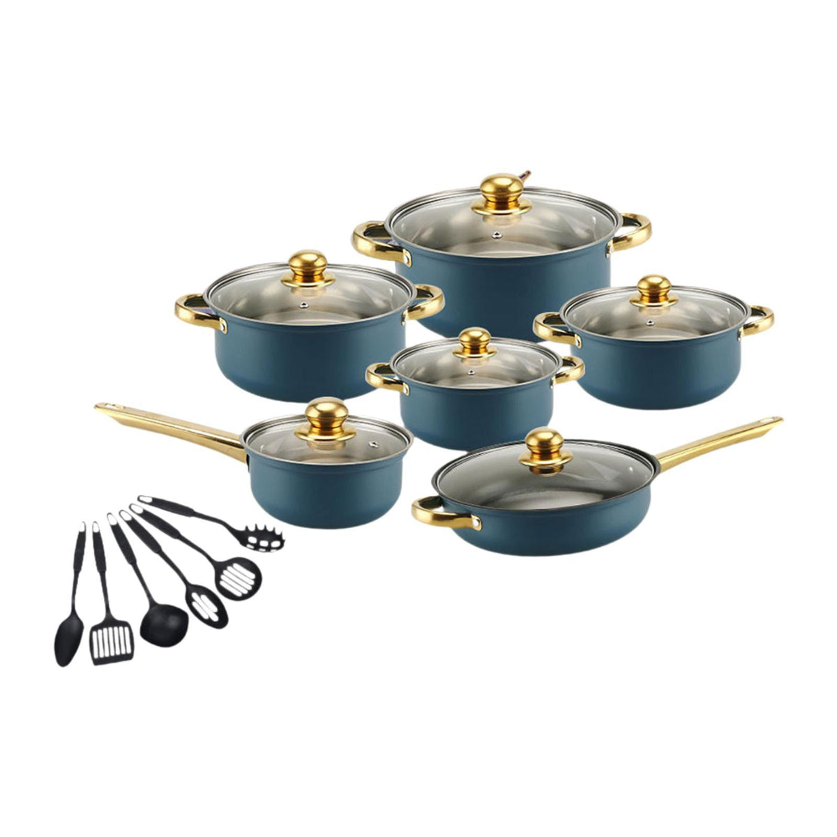 Maxbell 6x Pots and Pans Set Saucepan Sturdy Cookware Set for Indoor Camping Kitchen 18PCS Blue