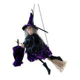 Maxbell Halloween Hanging Witch on Broom Tree Prop Party Bar Flying Witch Wall Decor Violet