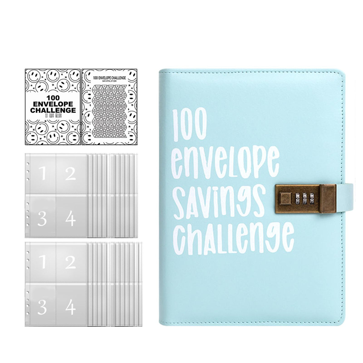 Maxbell Envelope Challenge Binder Creative PU Leather Stuffing Envelopes Binder Light Blue