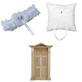 Maxbell White Lace Embellished Wedding Ring Pillow Cushion 15cmx15cm+1/12 Dollhouse Miniature Exterior Solid Wooden Door w/ Steeple Top+White Toss Garter With Ribbon - Wedding Party Supplies