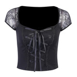 Maxbell Vintage Tops Goth T-shirt Women Sexy Bandage Lace T-shirts Gothic Top  S