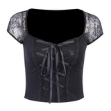 Maxbell Maxbell Vintage Tops Goth T-shirt Women Sexy Bandage Lace T-shirts Gothic Top  S